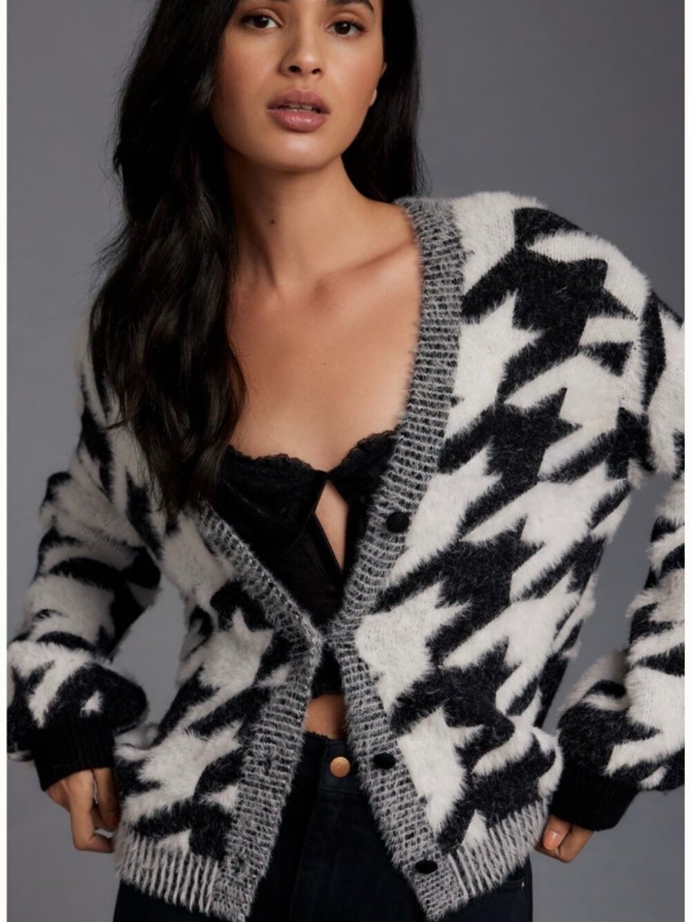 Anthropologie, 4SI3NNA Eyelash Houndstooth Cardigan Sweater, Size M